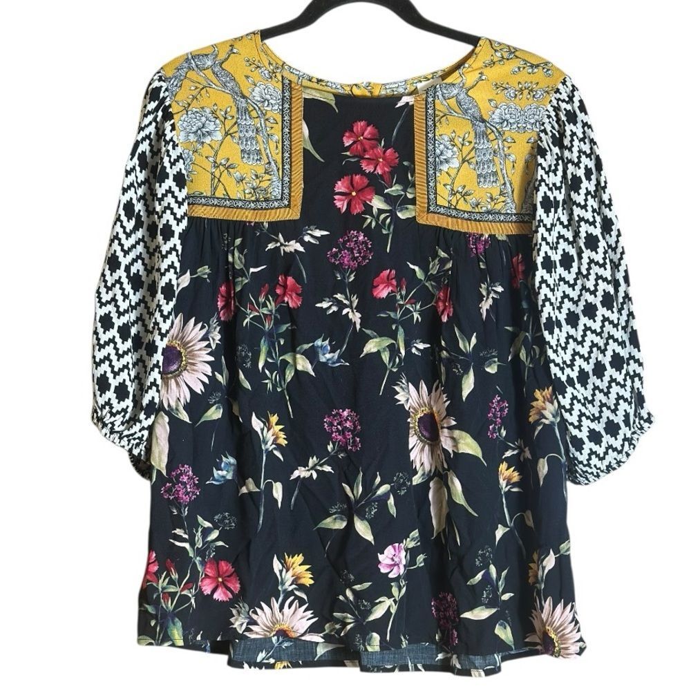 Ivy Jane Oversized Yellow and Black Floral Boho Blouse Size XS 📦‎
